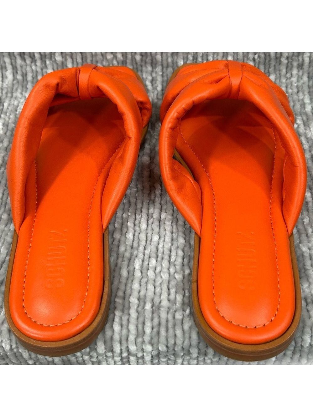 Schutz NWOB Fairy Orange All-Leather Brazil Puffy Slide Flat Sandals Size 6.5 - Picture 4 of 8
